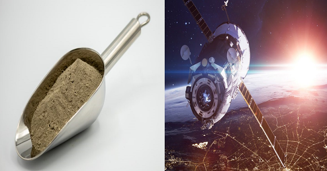 Das Bild besteht aus zwei Hauptteilen, die unterschiedliche Themen darstellen:
1. **Linker Teil:**
- **Einschaufel** aus Metall gefüllt mit **Sand oder Erde**.
- Dieser Teil könnte auf eine **alltägliche Anwendung oder eine landwirtschaftliche Aktivität** hinweisen, bei der Bodenproben oder Materialien für Bauzwecke gesammelt werden.
- Der Fokus liegt auf dem **konkreten, erdgebundenen Materialien**.
2. **Rechter Teil:**
- Ein **Satellit** im Weltraum, umgeben von Stars und einem hellen Lichtschein, der höchstwahrscheinlich eine **Sonnenaufgang über der Erdoberfläche** darstellt.
- Dieser Teil spiegelt die **moderne Technologie und Raumfahrt** wider, und könnte für **Kommunikation, Navigation oder wissenschaftliche Untersuchungen** verwendet werden.
- Der Fokus liegt hier auf dem **fortgeschrittenen und technologischen Aspekt des Weltalls**.
Zusammengefasst stellt das Bild eine **Kontrastdarstellung zwischen erdgebundenen Tätigkeiten und der Hochtechnologie im Weltraum** dar, möglicherweise um Technologiefortschritt von der Erde bis zum Weltraum zu veranschaulichen.
